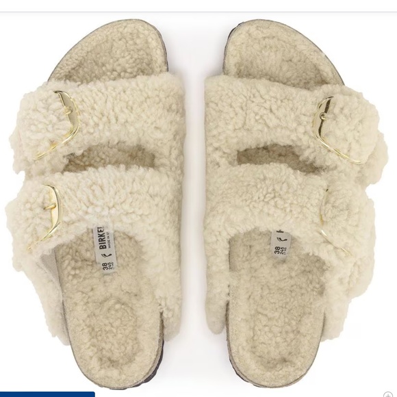 Birkenstock Shoes - Arizona Big Buckle Genuine Shearling Slide Sandal Eggshell Size 37